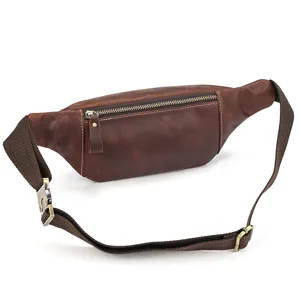 Vintage crazy horse leather chest bag men casual crossbody bag detailed view brown leather.