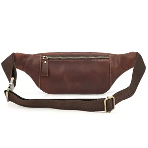 Vintage leather waist bag for men and women, casual chest bag and sling bag detail view.