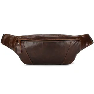 Brown leather chest bag detailed view, retro crazy horse texture, vintage crossbody fanny pack.
