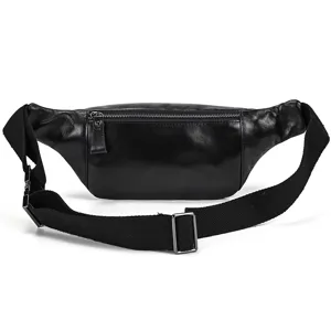 Detail view of black leather chest bag, zipper pocket and adjustable strap, premium texture.