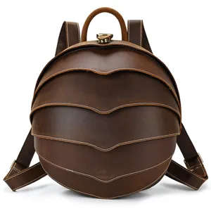 Retro genuine leather round backpack detail, creative beetle shell design, top cowhide.