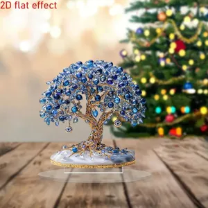 Detalle de arbol del dinero de cristal azul, decoracion de escritorio con amuletos.