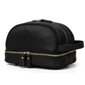 Vintage Genuine Leather Mens Clutch Bag Double Layer Toiletry Bag Multifunctional Travel Cosmetic Organizer