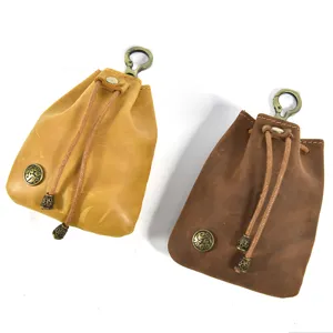 Genuine leather mini coin purse vintage drawstring pouch small wallet data cable storage bag detail