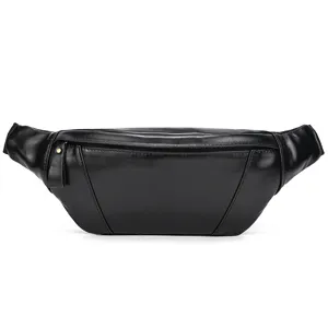 Close-up detail of the black genuine leather waist chest bag texture and zipper closure.