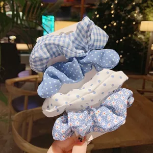 Set de coleteros de pelo azules a cuadros lunares flores 4pcs accesorios graciosos