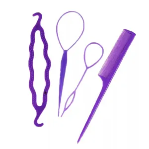 Detailed view of the 4-piece purple hair styling tool set, including bun maker and comb.