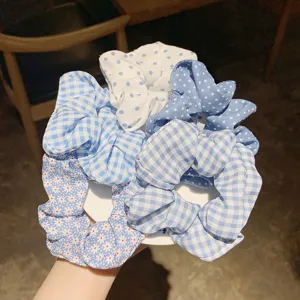 Bonito juego de coleteros de cuadros azules y flores para mujeres y niñas, accesorios de tela suave.