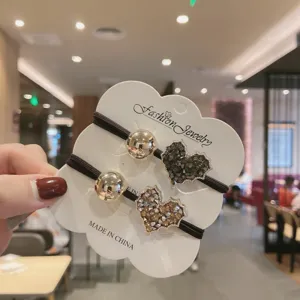 Rhinestone heart hair tie detail, Korean style elastic hair band with metal ball decoration for women.