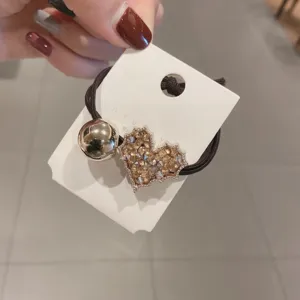 Rhinestone heart hair tie detail, Korean style elastic hair rope for women and girls.