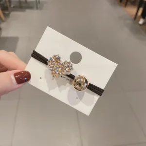 Korean style rhinestone heart hair tie elastic rope with gold bead for women hair styling