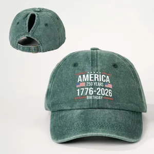 Verwitterte grüne Zopf-Baseballkappe mit amerikanischem Jubiläumsdruck, verstellbarer Hut.