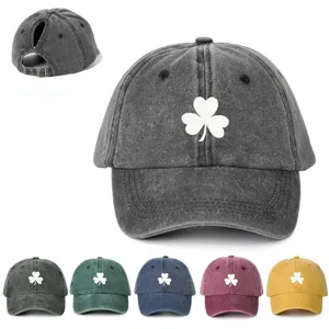 Cappellino da Baseball Regolabile da Donna Cotone Lavato Vintage Cappello Coda di Cavallo Ricamo Trifoglio Sport