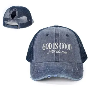 Cappellino da baseball in denim slavato con ricamo e cinturino regolabile per coda di cavallo.