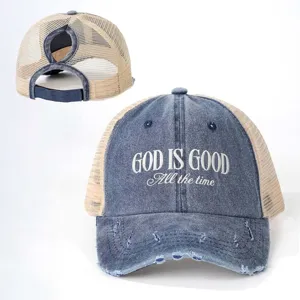 Cappellino da baseball in denim slavato con ricamo, foro per coda di cavallo, cappello casual.