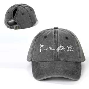 Gewaschene Vintage Zopf Baseballkappe mit Palme und Schildkröte Stickerei, verstellbar.