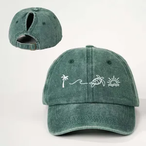 Gewaschene grüne Pferdeschwanz-Baseballkappe mit tropischer Stickerei, verstellbarer Sommerhut