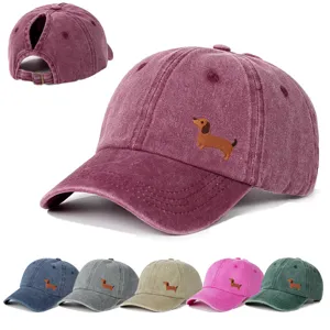 Damen Gewaschene Baumwolle Baseball Cap Süße Dackel Stickerei Pferdeschwanz Sonnenhut Verstellbarer Outdoor Casual Dad Hat
