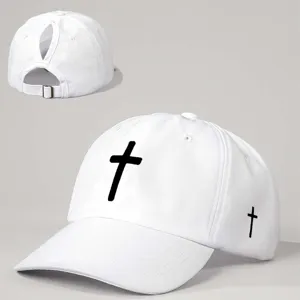 Casquette de baseball blanche queue de cheval avec impression croix et sangle.