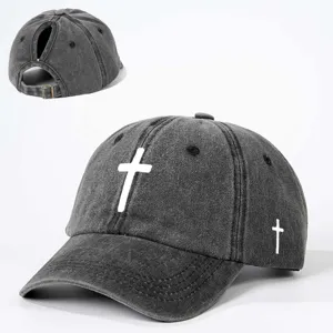 Casquette de baseball grise lavée avec imprimé croix blanche, chapeau réglable pour femme.