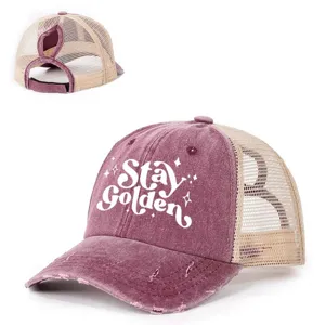 Cappellino da baseball con coda di cavallo lavato, rete traspirante e stampa frontale.