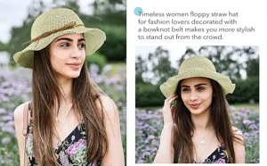 Vue détaillée du chapeau de paille pour femme avec une ceinture nœud pour un style élégant.