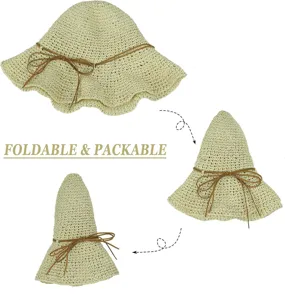 Chapeau de soleil en paille pliable pour femme avec nœud, idéal pour les vacances à la plage.