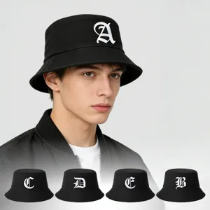 Unisex Black Bucket Hat Gothic Letter Embroidery Polyester Sun Protection Breathable Casual Outdoor Fisherman Cap