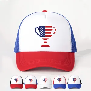 Retro US Flag Trophy Print Baseball Cap Colorblock Mesh Trucker Hat Breathable Sun Protection Sports Hat For Unisex