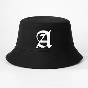 Black bucket hat with white gothic letter A embroidery, stylish casual outdoor sun cap.