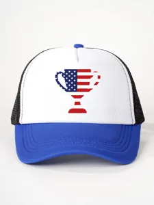 Vintage style trucker hat with US flag trophy graphic, color block mesh baseball cap.