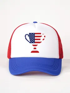 Detailed view of the color-block trucker hat featuring an American flag trophy print design.