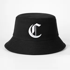 Black bucket hat with white Gothic letter C embroidery, casual streetwear fashion accessory.
