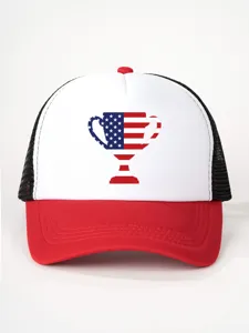American flag trophy printed unisex baseball trucker cap with breathable mesh back panel.
