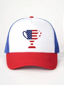 Detailed close-up view of the stylish color-block trucker hat featuring a USA flag trophy graphic print.