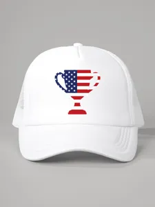 Detailed front view of white trucker hat with American flag trophy graphic design.