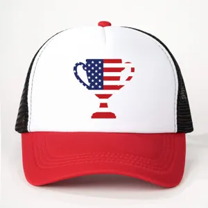 Patriotic US flag trophy print baseball mesh cap with red brim and breathable black back.