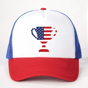 US flag trophy print trucker hat, red white blue mesh baseball cap for summer style.