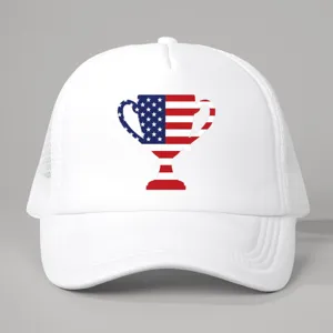 White trucker hat featuring an American flag trophy graphic print, casual mesh baseball cap.