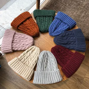 Winter warm cable knit beanie hat multi-color details display, thick solid color pullover cap.