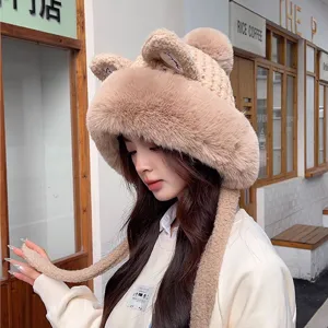 Japanese sweet plush knitted hat with animal ears, thick warm autumn winter beanie.