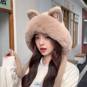 Japanese sweet fox ear plush knit hat autumn winter thick warm earflap beanie detail view