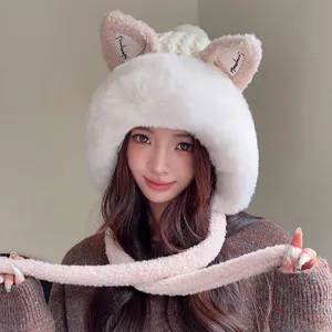 Cute plush cat ear knit hat and scarf set, thick warm winter fleece beanie for daily wear.