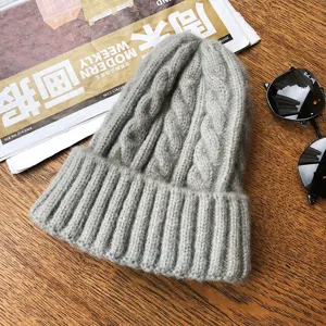 Winter warm cable knit beanie grey thick solid color pullover skull cap for men and women