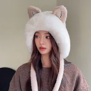 Detailed view of a Japanese sweet fox ear plush knitted hat, thick warm winter beanie with earflaps.