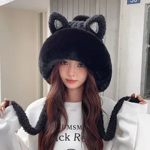 Plush cat ear winter hat detail, thick warm fleece knit beanie with cute ear design.