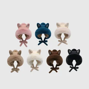 Japanese sweet fox ear plush knitted winter hat warm thick earflap beanie for women