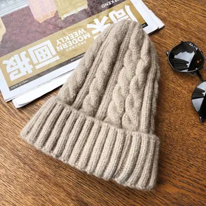 Winter warm cable knit beanie hat, thick solid color woolen skullcap for daily wear.