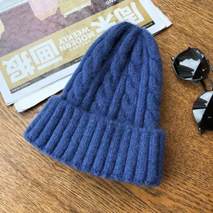 Blue cable knit beanie winter warm thick pullover skull cap casual soft wool knitted hat for women