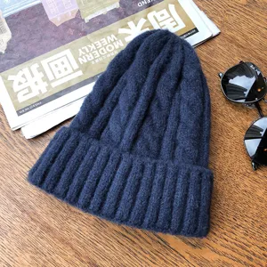 Dark blue cable knit beanie hat, thick warm winter pullover wool hat for women and men.